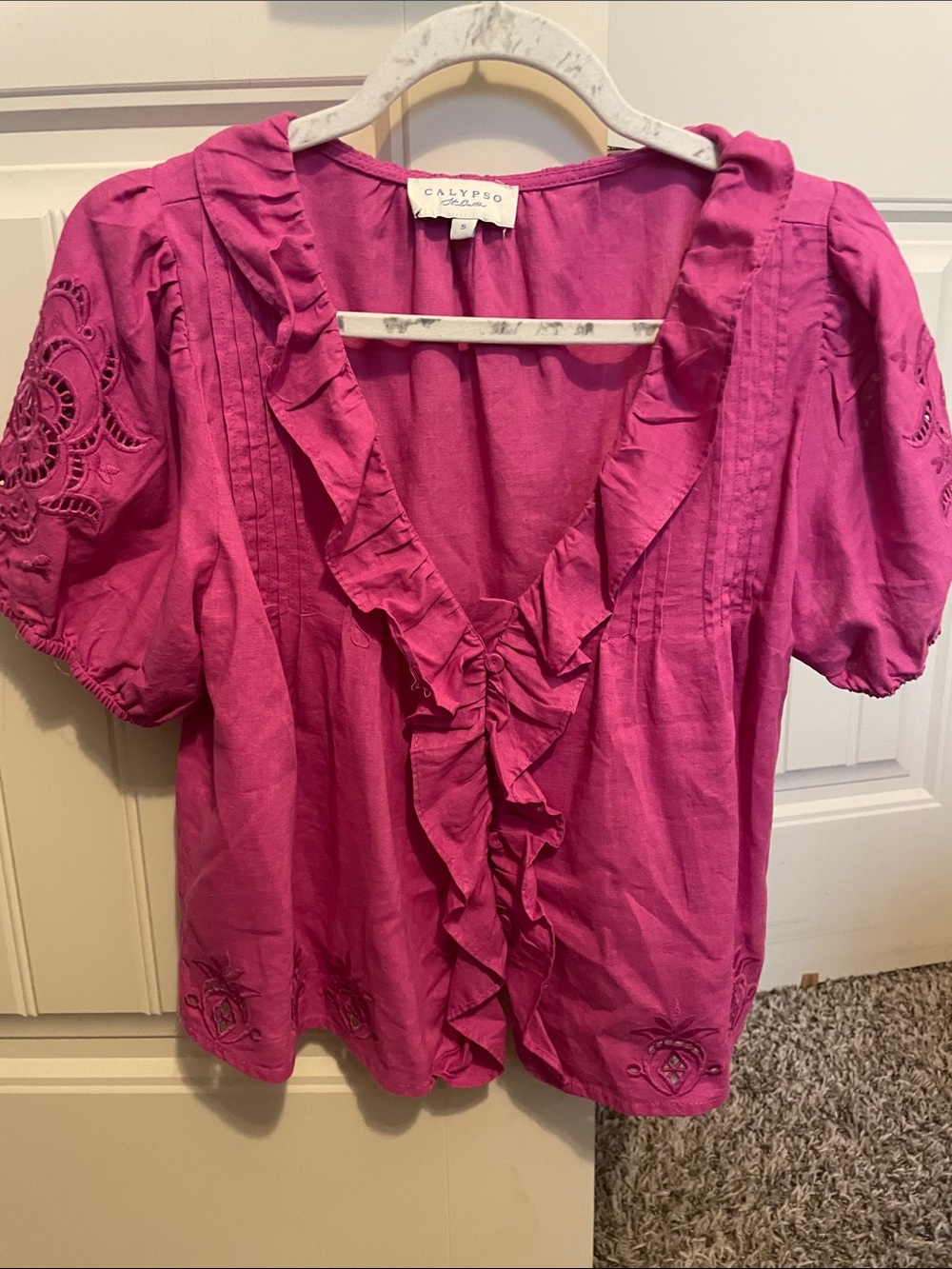 Calypso St. Barth Hot Pink Ruffle V-Neck Blouse